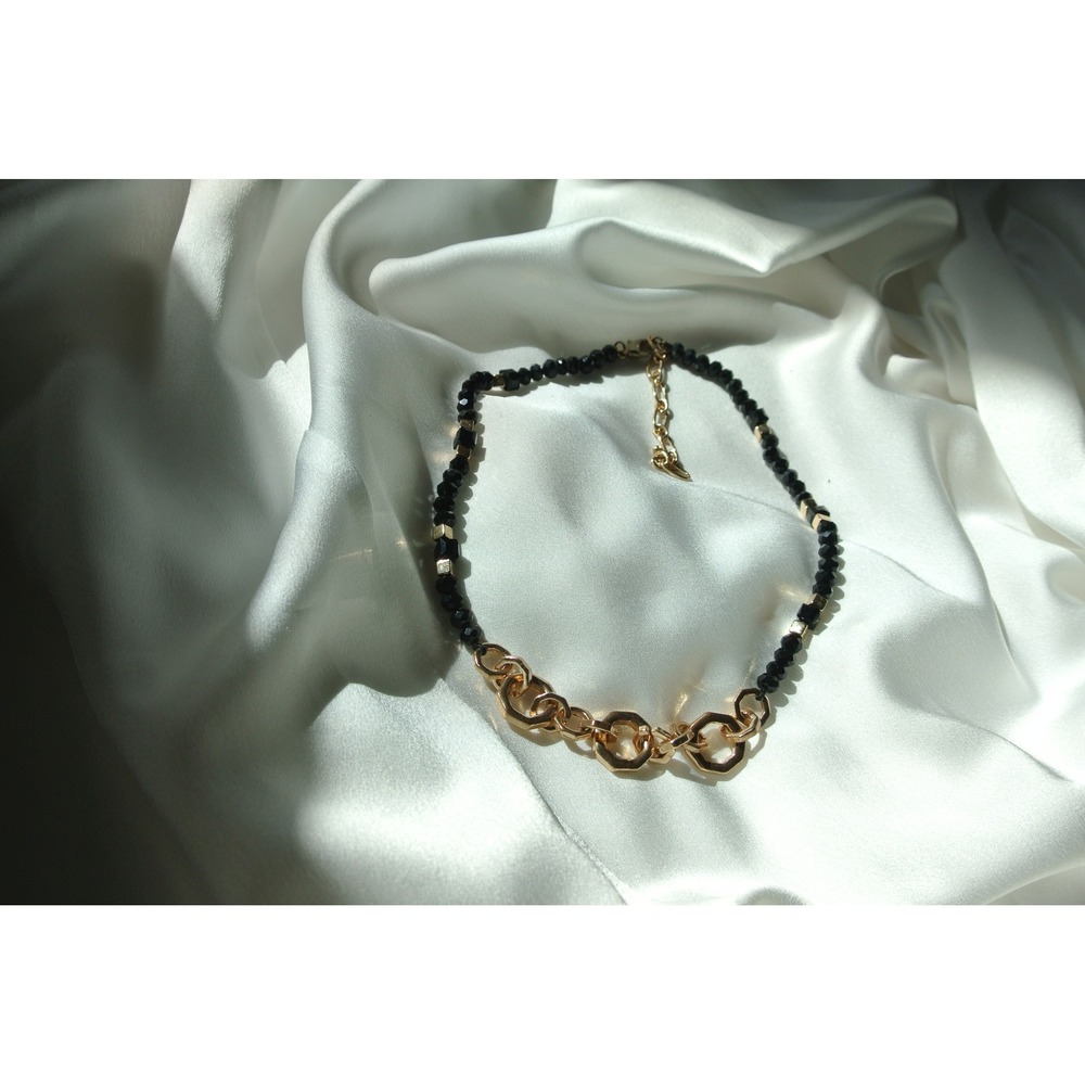 Unbranded Black Beaded Gold Geometric Link Statement Necklace One Size